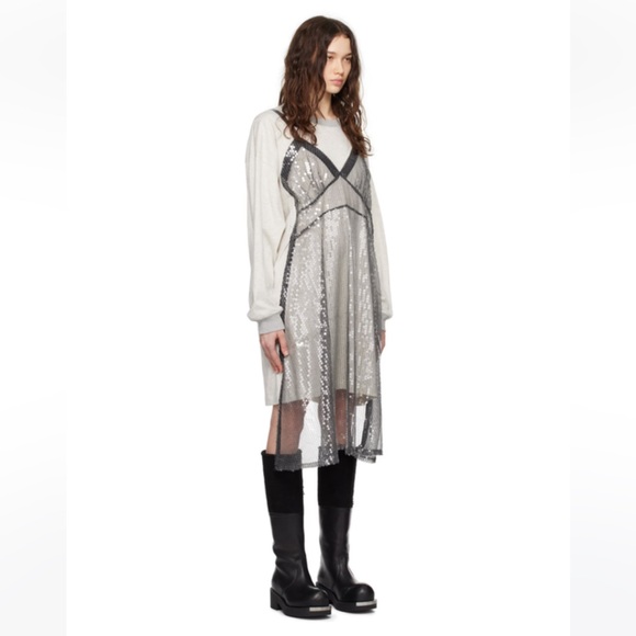 VAQUERA Oversized Gray Slip Dress Long Sleeve T-Shirt with sequin apron front XS - Picture 4 of 17